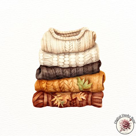 Watercolor Knit Sweater Clipart Stacked Jumpers Cozy Autumn Aesthetic Fall Clothes Stickers for Journaling Scrapbooking Relaxing Fall Vibes https://digitalduskyrose.etsy.com/listing/1774455841 Embrace the cozy vibes of autumn with our Watercolor Knit Sweater Clipart collection. Featuring 13 beautifully illustrated stacked jumpers, this set captures the essence of fall with its soft and delicate watercolor aesthetic. Perfect for journaling, scrapbooking, and adding a touch of cozy charm to y... Fall Autumn Illustration, Fall Watercolor Clipart, Fall Aesthetic Stickers, Autumn Stickers Aesthetic, Fall Sweaters Aesthetic, Soft Autumn Aesthetic, Fall Drawings Aesthetic, Fall Illustration Art, Sweater Illustration