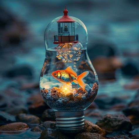 Imaginative Light Bulb: A #creativeart installation featuring a #fish and #lighthouse inside a #lightbulb set against #twilight hues. #creative #surreal #lightbulb #fish #lighthouse #aiart #aiphoto #stockcake ⬇️ Download and 📝 Prompt 👉 https://stockcake.com/i/imaginative-light-bulb_1047615_776696 Bulb Art, Light Bulb Art, Green Scenery, Flower Logo, Art Installation, Nature Girl, Vintage Love, Installation Art, Free Stock Photos