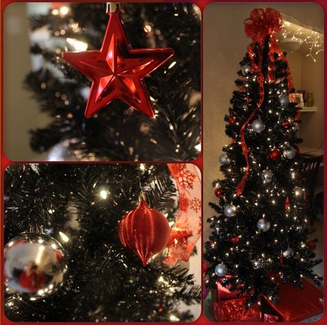 Our black Christmas tree with silver and red ornaments :) Black Christmas Tree With Red Ornaments, Christmas Tree With Red Ornaments, Christmas Tree Red And Silver, Tree With Red Ornaments, Black Christmas Ornaments, Black Christmas Tree, Garden Gnomes, Christmas Themes Decorations, Black Christmas Trees