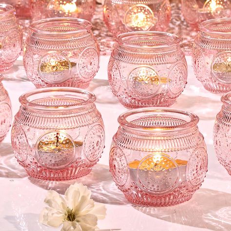 PRICES MAY VARY. Votive Candle Holders Bulk: Enhance your party ambiance with these elegantly crafted round votive candle holders, showcasing intricate sunflower relief patterns. Their mesmerizing design will undoubtedly add perfect finishing touch to your party table decorations. Candle Holders for Table Centerpiece: You will get 24 pack votive candle holders, measuring 2"(Cal) and 2"(H) and the waist Dia is approx 2.55". Let Tea Candle/ Small Votive or LED Tealights in these glass candle holde Pink Table Decorations, Bridal Shower Decorations Pink, Pink Candle Holders, Girl Shower Decorations, Pink Baby Shower Decorations, Pink Centerpieces, Pink Candle, Tea Candle, Bridal Shower Tables