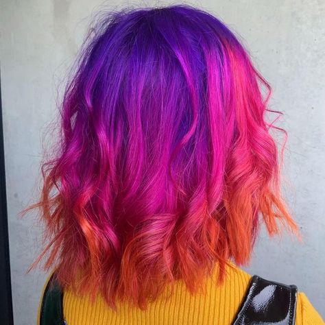 Vibrant Hair Color Ideas Summer, Vivid Spring Hair Color, Vivid Color Melt, Sunrise Hair Color, Multicoloured Hair, Sunrise Hair, Hair Color Vibrant, Fire Hair Color, Auburn Blonde Hair