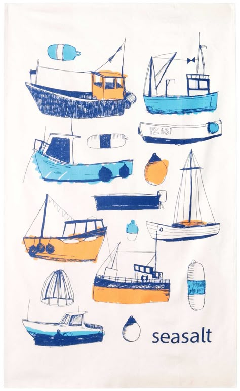 Boat Illustration, Seasalt Cornwall, Printed Tea Towel, Boat Art, Fishing Trip, Book Illustration, Art Paint, Fishing Boats, Tea Towel