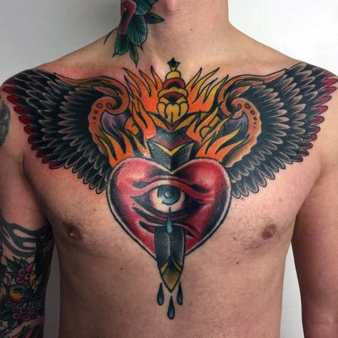 Traditional Chest Tattoo, Chest Tattoos For Men, Tattoo Leggings, Traditional Chest, Husband Tattoo, Old School Ink, Care Bear Tattoos, Cool Chest Tattoos, Chest Tattoos