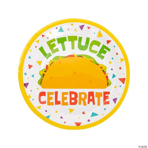 Taco ‘bout a party! These colorful dinner plates feature a vibrant taco image and the funny message “Lettuce celebrate”. Great for Taco ... Dragons Love Tacos Party, Lettuce Celebrate, Taco Images, Three Esta, Food Truck Party, Thanksgiving Display, Taco Bout A Party, Colorful Dinner, Fiesta Party Supplies