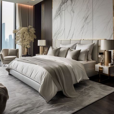 Soft lighting highlights the unique textures of the marble headboard. Marble Headboard, Marble Bedroom, Modern White Bedroom, Living Room Decor Lights, Wall Art Decor Bedroom, Aesthetic Living Room, Luxury Bedroom Design, Luxury Bedroom Master, Fancy Houses