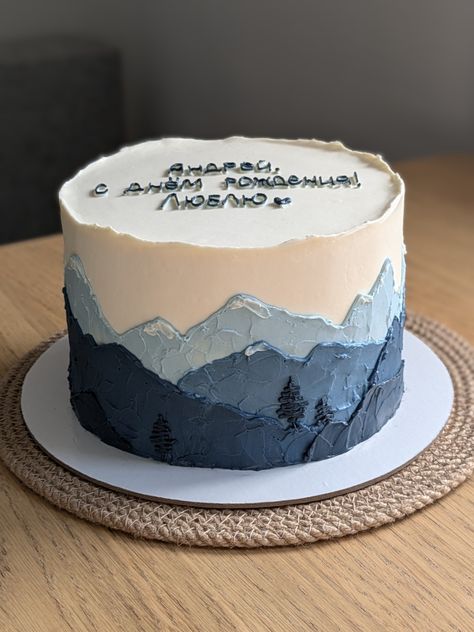 Mountain Cake Ideas Birthday, Mountain Scene Cake, Woodsy Birthday Cake, Mountain Cake Design, Mountain Themed Wedding Cake, Mountain Cake Birthday, Birthday Cake Mountain, Mountain Cake Ideas, Nature Themed Cake