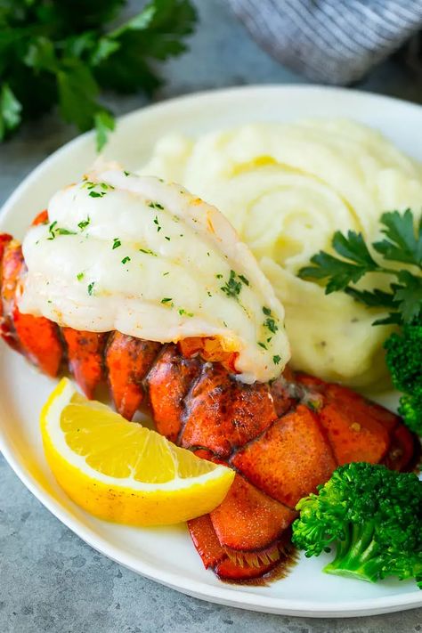 A lobster tail served with mashed potatoes and broccoli. Lobster Mashed Potatoes, Mashed Potatoes And Broccoli, Seafood Butter, Easy Lobster Tail Recipe, Butter Lobster, Potatoes And Broccoli, Lobster Recipe, Lobster Sauce, Lobster Recipes Tail