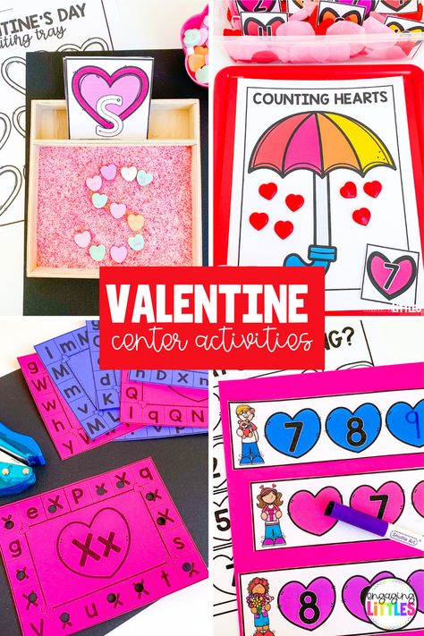 Check out this resource full of Valentine's Day themed math and literacy centers! These centers are perfect for preschoola nd pre-k aged children and can be used at home or in the classroom. Pair these centers with the included hands-on activity ideas to create your ultimate valentine learning plans! Preschool Valentines Activities, Valentines Activities, Valentine Worksheets, Valentines Theme, Kindergarten Valentines, Math Valentines, Valentine's Day Crafts For Kids, Preschool Valentines, Kindergarten Centers