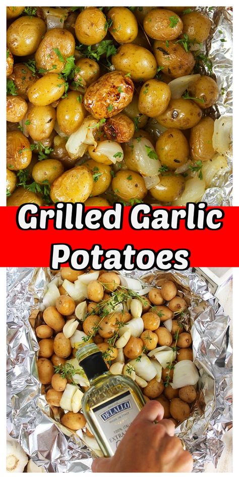 Grilled Potatoes And Veggies In Foil, Grilled Potatoes In Foil, Grilled Potato Recipes, Grilled Side, Grilled Garlic, Grilled Side Dishes, Grilling Ideas, Grilling Sides, Easy Grilling