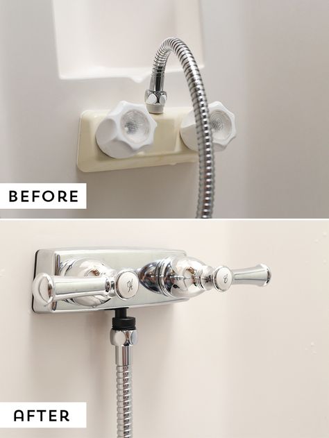 Are you looking for an easy update to do in your RV? Consider upgrading your RV shower faucet, it's an easy project that'll make a world of a difference! Mountainmodernlife.com Camper Maintenance, Glamper Camper, Camper Diy, Camper Trailer Remodel, Camper Hacks, Vintage Camper Remodel, Travel Trailer Camping, Diy Camper Remodel, Camping Camper