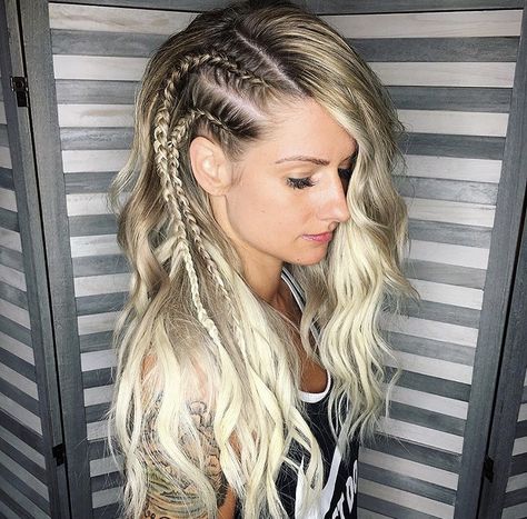 Braids On One Side Of Head With Curls, Sideswept Braided Hairstyles, Glam Rock Hairstyles For Long Hair, Braids On The Side Of Head, One Side Braided Hairstyles, Viking Hair Women, Side Head Braid, Viking Braids, Tight Braids