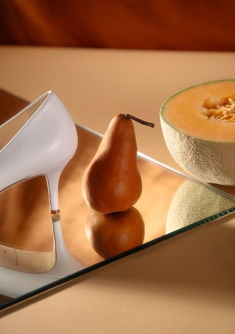 still-life image of a high-heel, pear, grapefruit on a mirror. Photo by Matt Schwerin, Chicago based photographer Still Life Images, Still Life Photographers, Professional Portrait, Mirror Photo, A Mirror, Grapefruit, Still Life, Pear, Chicago