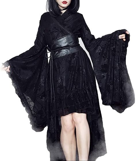 Amazon.com: Punk Rave Black Gothic Vintage Japanese Kimono Robe Printing Lace Party Dress (Small): Clothing Black Kimono Outfit, Dress Reference, Lace Party Dress, Kimono Outfit, Long Sleeve Kimono, Gothic Vintage, Black Kimono, Lace Party Dresses, Vintage Japanese Kimono