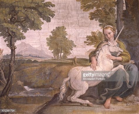 'The Virgin and the Unicorn , by Domenico Zampieri known as Domenichino, 1604 - 1605, 17th century, fresco. Italy, Lazio, Rome, Palazzo Farnese. Whole artwork view. Young woman depicted in a natural... Unicorn Scotland, Scottish Unicorn, Unicorn Tapestries, Lion And Unicorn, Unicorn Painting, Castle Painting, Last Unicorn, National Animal, The Last Unicorn