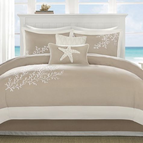 Bring a bit of sea side inspiration into your home with this beautiful bedding collection. This bed is sure to bring a sense of comfort and relaxation to your room. Nautical Bedding Sets, Beach Bedding Sets, Beach Themed Bedroom, Beach House Bedroom, Coastal Bedding, Harbor House, Beach Bedding, Coastal Bedrooms, Beach Bedroom