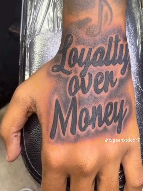 Loyalty Over Money Tattoo, Hood Tattoo For Men Hand, Cool Tattoos For Guys With Meaning, Black Men Neck Tattoo Ideas, Otf Tattoo Tat, Hand Tats Men, Hood Tattoos, Star Sleeve Tattoo, Hood Neck Tattoo