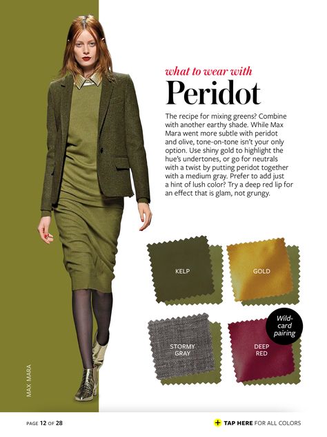 Instyle Color What to Wear With: Peridot Green InStyle Color Crash Course-  #whattowearwith Instyle Color Crash Course, Green Clothes, Colour Combinations Fashion, Color Combinations For Clothes, Casual Chique, Instyle Magazine, Fall Color Palette, Clothes Outfit, Wear Green