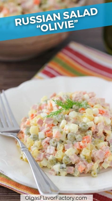 “Olivie” is one of the most popular and well known Russian salads. It resembles a potato salad, with the addition of other cooked vegetables and meat. All the components create a hearty, comforting salad. Russian Salads, Russian Beet Salad, Olivier Salad, Homemade Mayonnaise Recipe, Russian Salad, Russian Dishes, Marinated Mushrooms, Fresh Salad Recipes, Russian Food