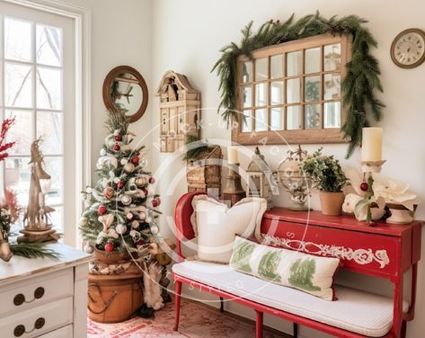 French Country Cottage Christmas Entryway, Multi-use Stock Image Mockup Photo. Perfect to Add Your POD Holiday Items To. Holiday Photo Image - Etsy Christmas Bench Decor, French Country Christmas Decorating, Christmas Bench, Country Cottage Christmas, French Country Cottage Christmas, Cottage Entryway, French Christmas Decor, Red Bench, French Country Christmas