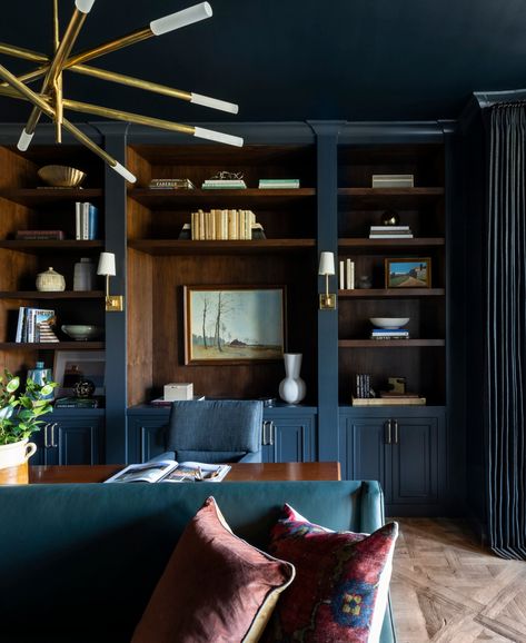 Master The Painted Ceiling For The Ultimate Design Flex | Luxe Interiors + Design Paint Colors Of 2023, Colors Of 2023, Fall Paint Colors, Farmhouse Window Treatments, Yellow Paint Colors, Navy Blue Living Room, Blue Living Room Decor, Blue Office, Office Remodel