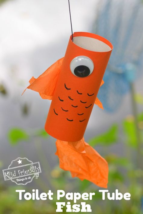 This Toilet Paper Roll Fish is the perfect simple craft to make this summer. It's a great craft for school or home. www.kidfriendlythingstodo.com #fish #craft #fun #easy #kids #summer #pond #school #preschool #lake #nature Craft For School, Windsock Craft, Sun Crafts, Summer Arts And Crafts, Fish Craft, Craft To Make, Turtle Crafts, Paper Fish, Origami Fish