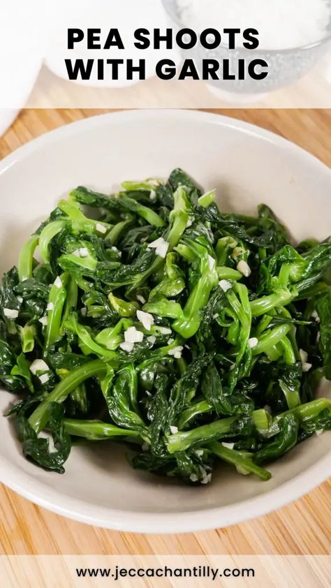 Pea Shoots with Garlic - Jecca Chantilly Snow Pea Leaves With Garlic, Pea Shoots Recipe, Snow Pea, Pea Shoots, Walnut Shrimp, Quick Stir Fry, Honey Walnut Shrimp, Snow Peas, Healthy Vegetables