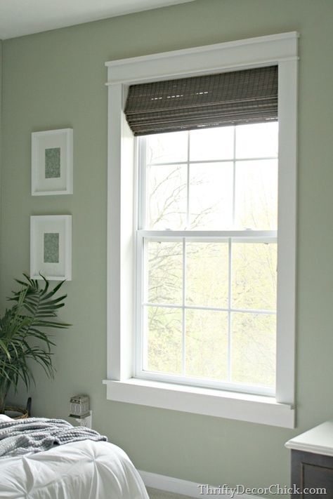 Installing Trim Makes All The Difference! Full picture tutorial including measurements on Thrifty Decor Chick! Interior Window Trim, Interior Door Trim, Interior Window, Thrifty Decor Chick, Interior Windows, Green Walls, White Windows, Bedroom Windows, Trendy Bedroom