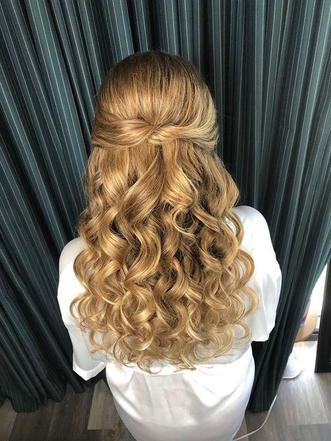 Curled Prom Hair, Grad Hair, Graduation Hair, Wedding Hair Half, Graduation Hairstyles, Charlotte Wedding, Greek Clothing, Half Up Half Down Hair, Half Up Hair