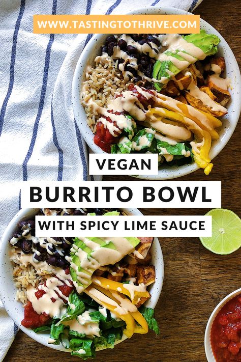 Burrito Sauce, Vegan Burrito Bowl, Sweet Potato Burrito, Packable Lunches, Burrito Bowls Recipe, Vegan Burrito, Lime Sauce, Vegan Sauces, Vegan Sweet Potato