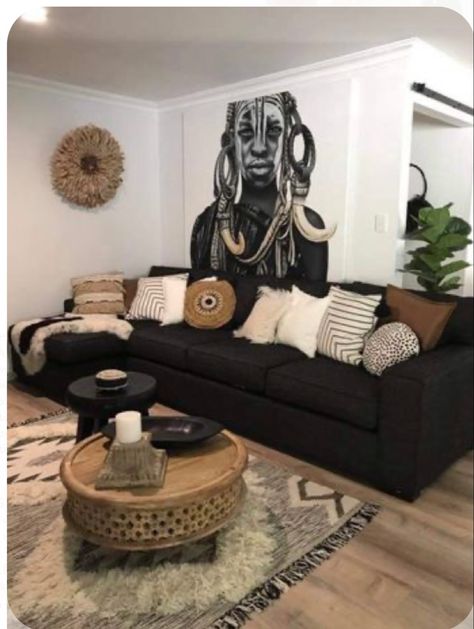 Black White And Brown Living Room Boho, Black Sectional Boho Living Room, Tan Black And Gold Living Room, Black And Tan Boho Living Room, Black Tan Cream Living Room, Black Leather Couch Living Room Boho, Black Boho Living Room Ideas, Black White Gold Brown Living Room, Black And Brown Boho Living Room