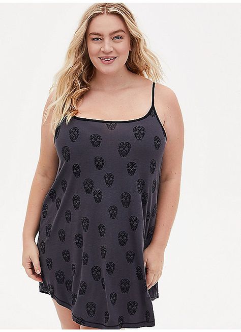 TORRID : Super Soft Grey & Black Skull Sleep Cami Tunic Mini Gown, Chemise Dress, Plus Size Sleepwear, Pajamas Comfy, Black Skull, Fitted Wedding Dress, Skull Print, Dark Side, Night Gown