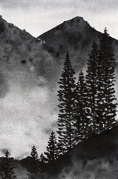 Black Water Colour Painting, Black And White Mountain Art, Monochrome Art Painting Black White, Black And White Watercolor Painting Landscape, Black And White Nature Painting, Black Ink Painting Ideas, Black And White Scenery Painting, Black And White Landscape Drawing, Monochrome Art Painting