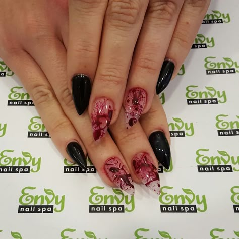 Blood Splatter, Black Nails - Envy Nail Spa Black Nails With Blood Splatter, Halloween Nails Blood Splatter, Blood Halloween Nails, Halloween Nails Blood, Blood Nail Art, Blood Splatter Nails, Blood Nails, Splatter Nails, Horror Nails