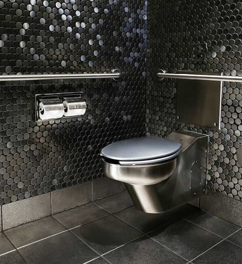 Impress Your Guests with Clean, Hygienic Commercial Restroom Design - Neo Metro Commercial Toilet, Restaurant Bathroom, Restroom Design, Public Bathrooms, Public Restroom, Toilet Wall, Toilet Design, Wall Hung Toilet, Steel Wall