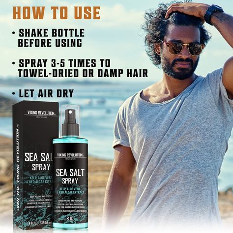 This refreshing sea salt spray men lifts and volumizes hair, enhances natural curls and waves, and creates a natural beach hair look with texture. Volume Booster - Use the mens sea salt spray for hair as a pre-styler to give your hair a boost of volume or use is on it's own to achieve a care-free effortless, textured look. Natural Beach Hair, Salt Spray For Hair, Sea Salt Hair Spray, Salt Hair Spray, Beach Texture, Surfer Vibe, Sea Salt Spray For Hair, Sea Salt Hair, Spray For Hair