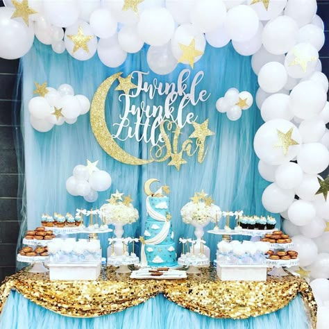 Twinkle Twinkle Little Star Shower  | CatchMyParty.com Baby Shower Garcon, Star Baby Shower Theme, Baby Shower Dessert Table, You Are My Moon, Star Birthday, Twinkle Twinkle Baby Shower, Moon Baby Shower, Star Shower, Events Decor