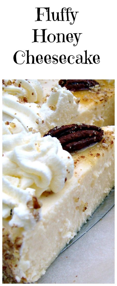 Fluffy Honey Cheesecake. A wonderful soft and dreamy baked cheesecake topped with Honey roasted pecans too! Perfect for a party or the holidays Honey Cheesecake, Honey Roasted Pecans, Roasted Pecans, Salty Cake, Cake Easy, Honey Roasted, Yummy Sweets, Savoury Cake, Decadent Desserts