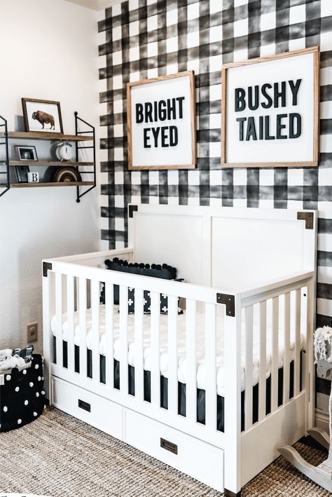 Buffalo Plaid Nursery | This by far is my favorite boy nursery theme (or girl!) trend! You can do a black and white buffalo plaid nursery or a red and black buffalo plaid nursery. I'm obsessed with this particular buffalo plaid nursery, especially the wallpaper and nursery wall decor! #buffaloplaidnursery Buffalo Plaid Nursery, Boy Nursery Themes, Childrens Wall Decor, Farmhouse Nursery, Fun Nursery, White Nursery, Nursery Baby Room, Boho Farmhouse, Gender Neutral Nursery