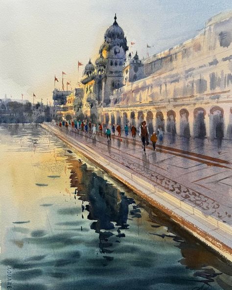 Landscape With Human Figure Painting, Punjab Drawing, Watercolour Composition, Competition Painting, Nankana Sahib, Watercolor Composition, Paintings Nature, Cityscape Paintings, Figure Sketches