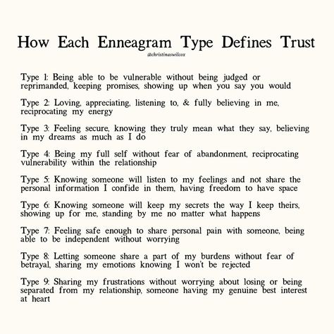 How each enneagram type may define trust 👀🫖 The topic of trust came up A LOT during my book events in Nashville. Curious about your enneagram type and how you define trust within your relationships/friendships? Self Preservation 8 Enneagram, Enneagram Type 3 Aesthetic, Enneagram 1 Relationships, 4w3 Enneagram, Enneagram Fanart, Type Two Enneagram, Enneagram Relationships, Enneagram 7w6, Enneagram 2w1