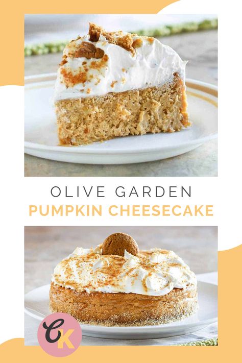 Front view of a slice of an Olive Garden Pumpkin Cheesecake and a whole cheesecake Olive Garden Pumpkin Cheesecake, Cheesecake With Gingersnap Crust, Seasoned Sour Cream, Copycat Recipes Olive Garden, Gingersnap Crust, Pumpkin Pie Cheesecake, New York Style Cheesecake, Pumpkin Cheesecake Recipes, Pie Cheesecake