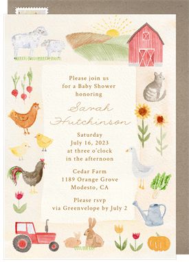 Cute digital farm themed baby shower invitation with watercolor illustrations. Customize easily, available at Greenvelope Farm Themed Baby Shower Ideas, Farm Baby Shower Theme, Painted Animals, Farm Baby Shower, Animal Baby Shower Theme, Marriage Announcement, Baby Farm Animals, Business Holiday Cards, Business Invitation