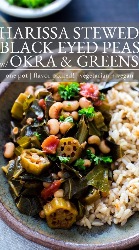 Okra Meals, Okra Dishes, Blackeyed Pea Recipes, Kale Bowl, Green Peas Recipes, Beans And Greens, Okra Stew, Okra Recipes, One Pot Meal