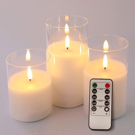 Eywamage Clear Glass Flameless Candles with Remote, Flickering Realistic LED Battery Pillar Candles Φ 3" H 4" 5" 6" Fake Candles, Electronic Candles, Battery Candles, Led Pillar Candle, Flameless Led Candles, Flickering Lights, Battery Operated Candles, Flickering Candles, White Wax