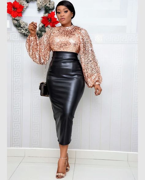 Sequin And Leather Outfit, Puffy Sleeve Top, Gold Sequin Top, Sequin Pencil Skirt, Black Leather Skirt, Black Leather Skirts, Leather Outfit, Gold Sequin, Sequin Top