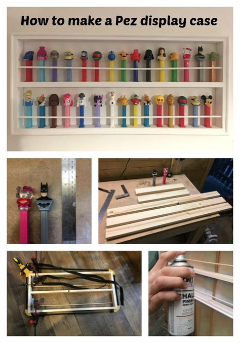 How to make a Pez display case - the-gingerbread-house.co.uk Pez Collection Display, Diy Collection Display, Pez Display Ideas, Pez Dispenser Display, Pez Display, Pez Collection, Collection Displays, Pallet Christmas Tree, Jewelry Display Cards