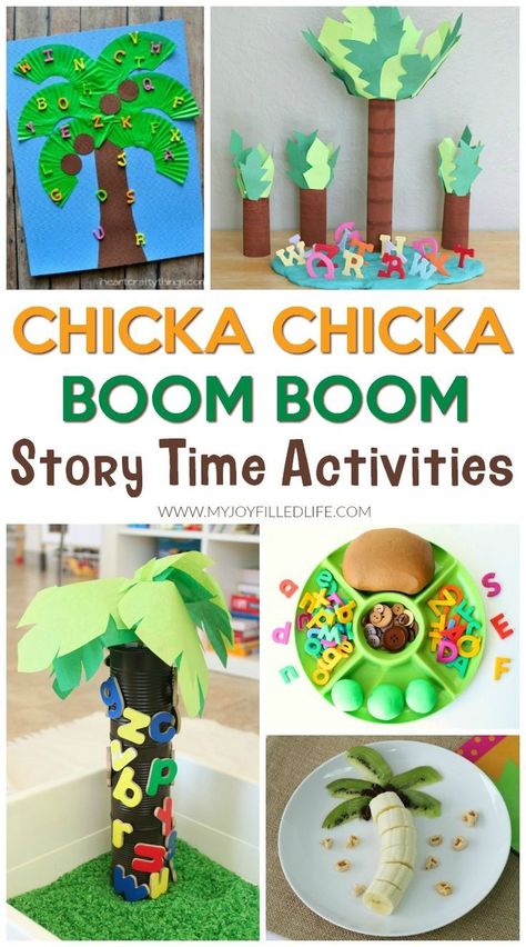 Chicka Chicka Boom Boom will come to life with these fun story time activities! #chickachickaboomboom #storytime Chicka Chicka Boom Boom Book, Story Time Activities, Chicka Chicka Boom Boom Activities, Book Themed Activities, Chicka Chicka Boom Boom, Chicka Chicka, Learn And Play, Preschool Literacy, E Mc2