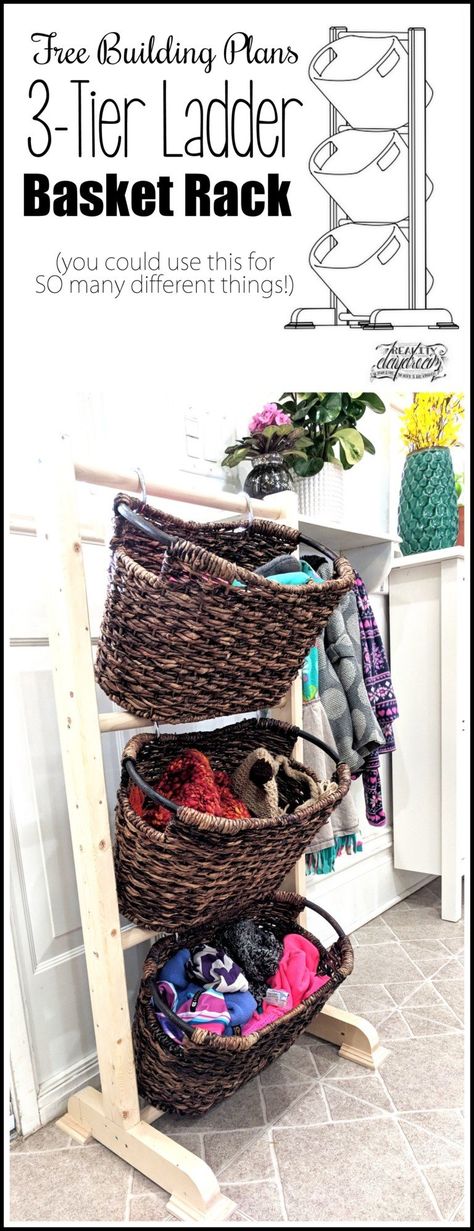 Three-Tier Basket Rack - Reality Daydream Two Tier Storage Basket, 3 Tier Basket Stand, Tiered Basket Stand, 3 Tier Stand, Upcycled Items, Basket Stand, Free Building Plans, Laundry Basket Storage, Nursery Baskets