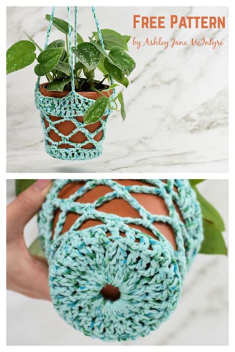 Aloft Plant Holder Free Crochet Pattern Crochet Plant Hanger, Crochet Hanging, Crochet Plant, Crochet Flower Patterns, Hanging Basket, Yarn Projects, Diy Crochet Projects, Crochet Basket, Crochet Home