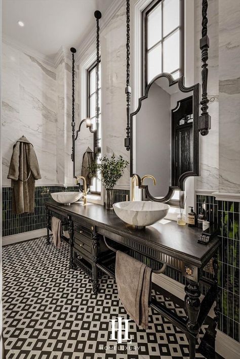 Indochine Bathroom, Hotel Bathroom Design Luxury, Parisian Bathroom, Indochine Interior, Deck Railing Ideas, Bathroom Storage Hacks, Restroom Design, Clear Bins, Railing Ideas